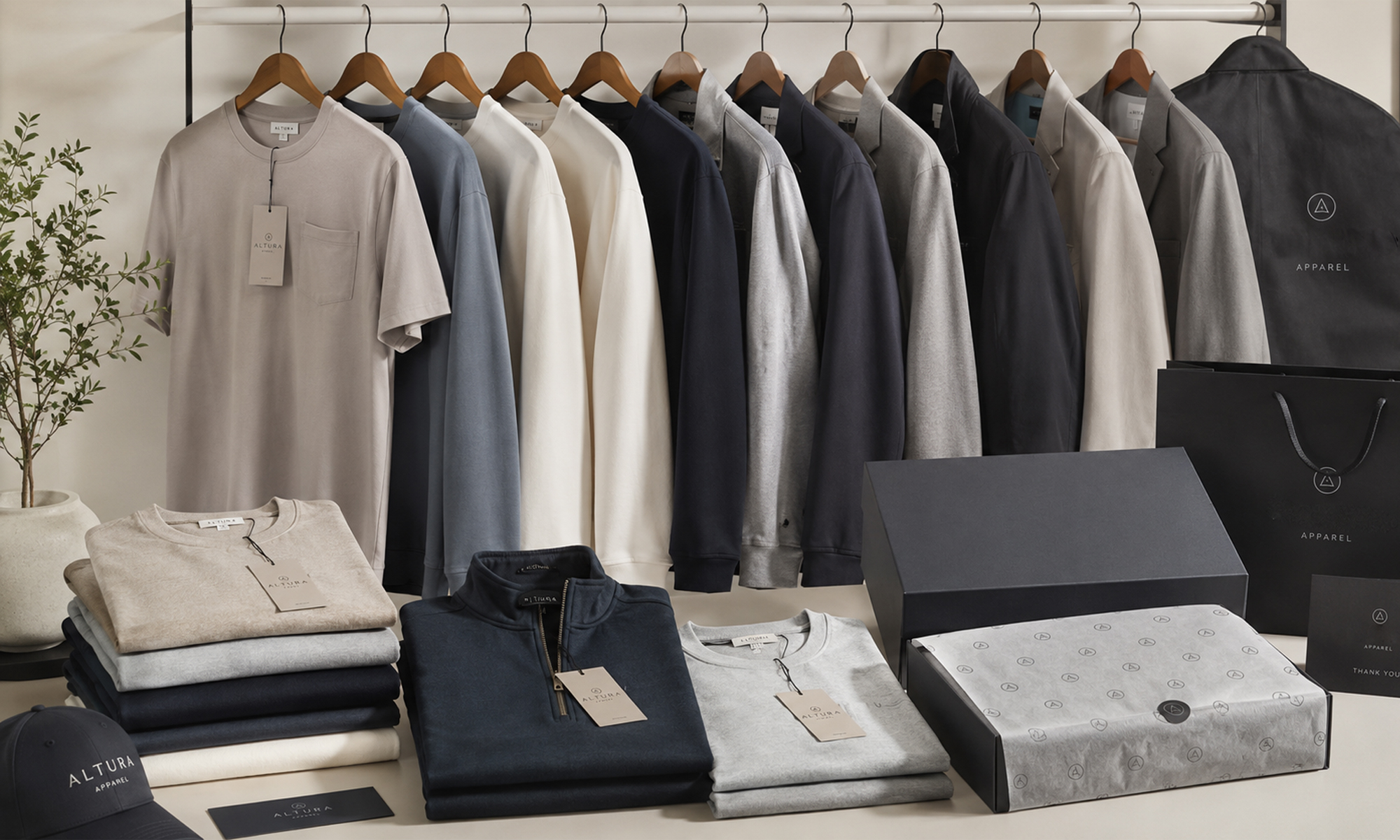 Rail of finished streetwear and activewear garments ready for branding