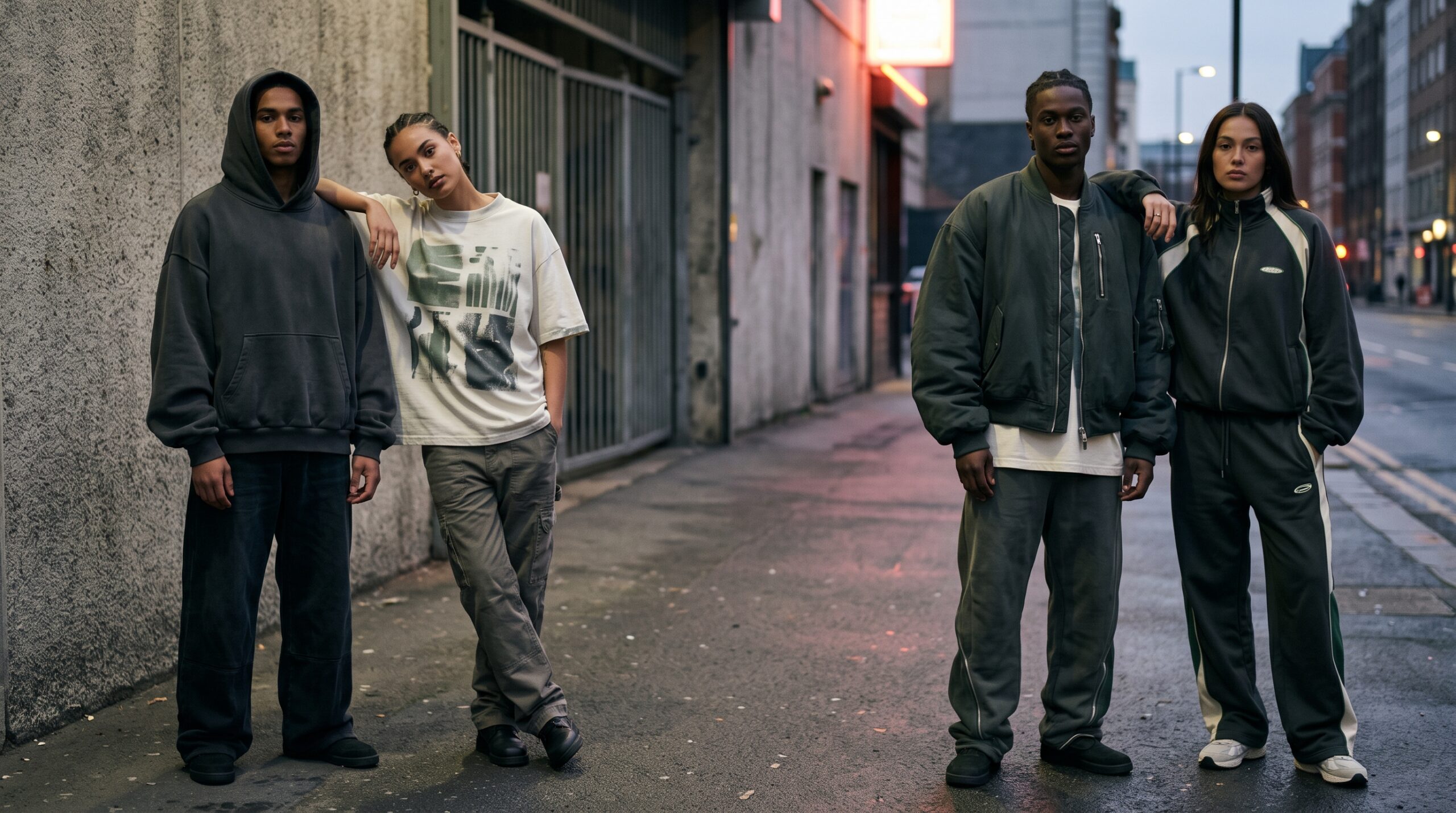 Models wearing a contemporary streetwear collection