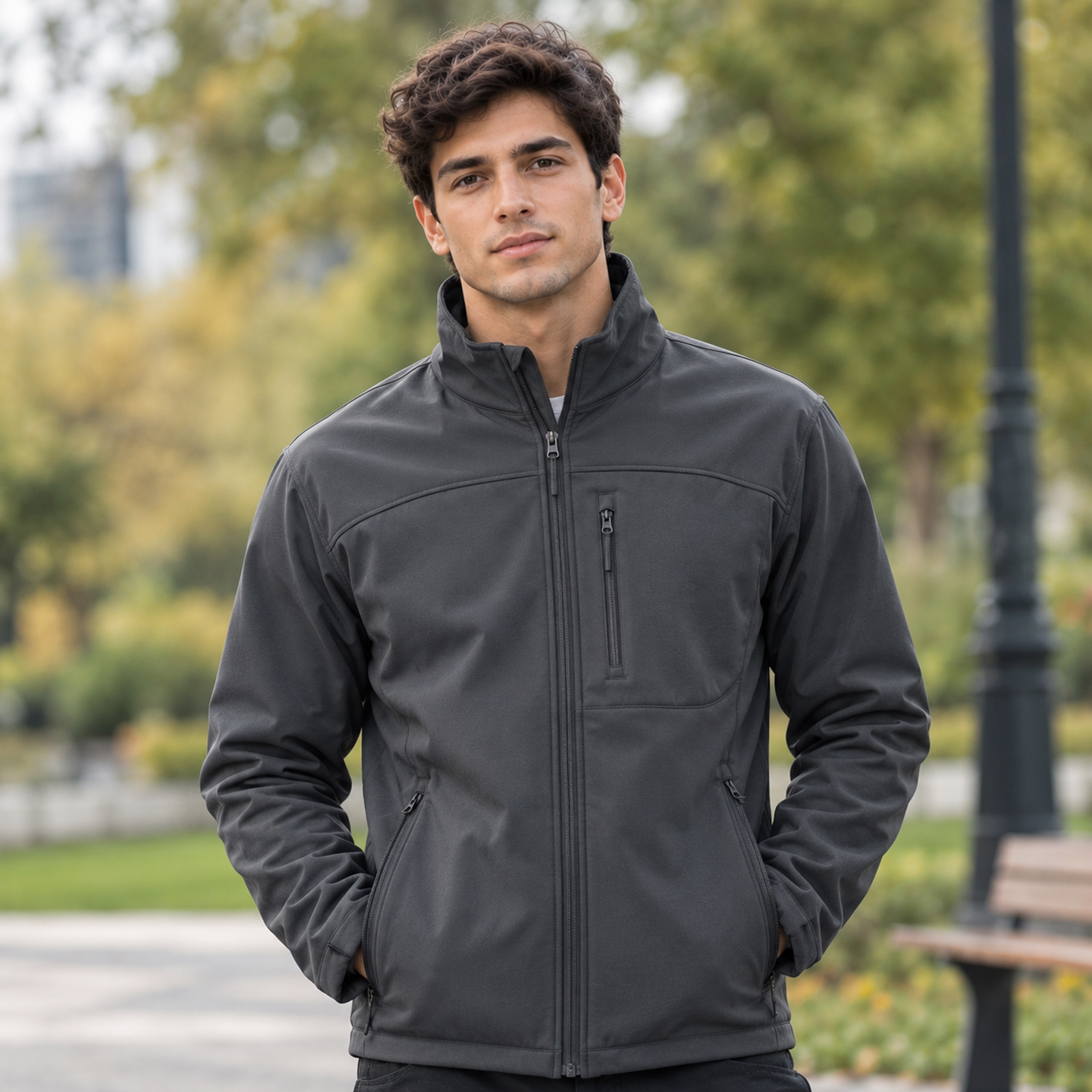 Model wearing a soft shell jacket outdoors
