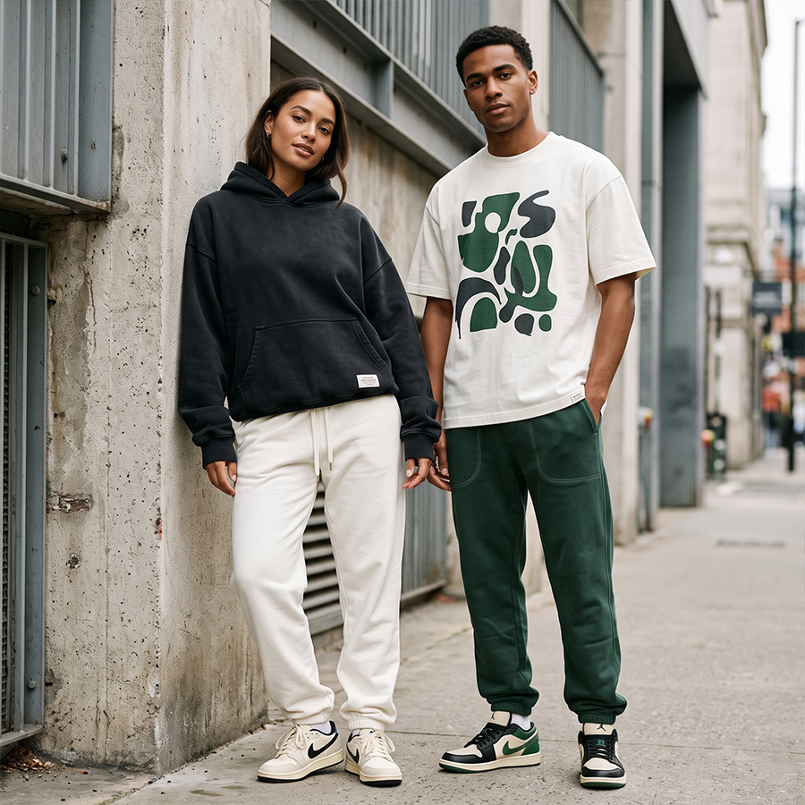 Model wearing a contemporary streetwear hoodie and joggers