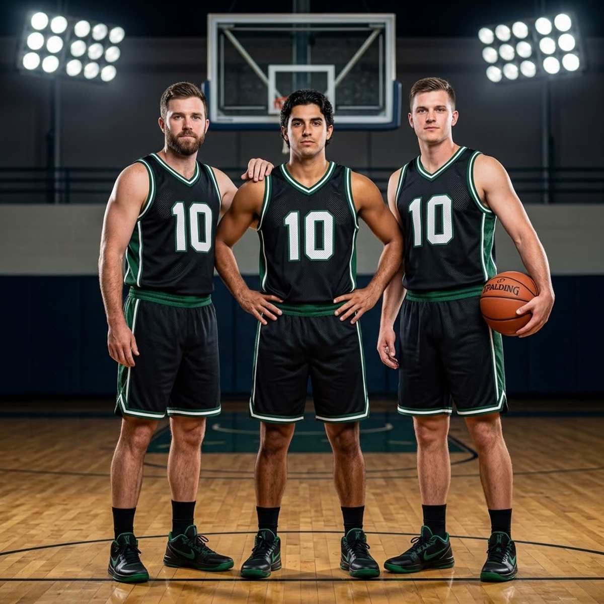 Basketball players wearing custom team jerseys and shorts