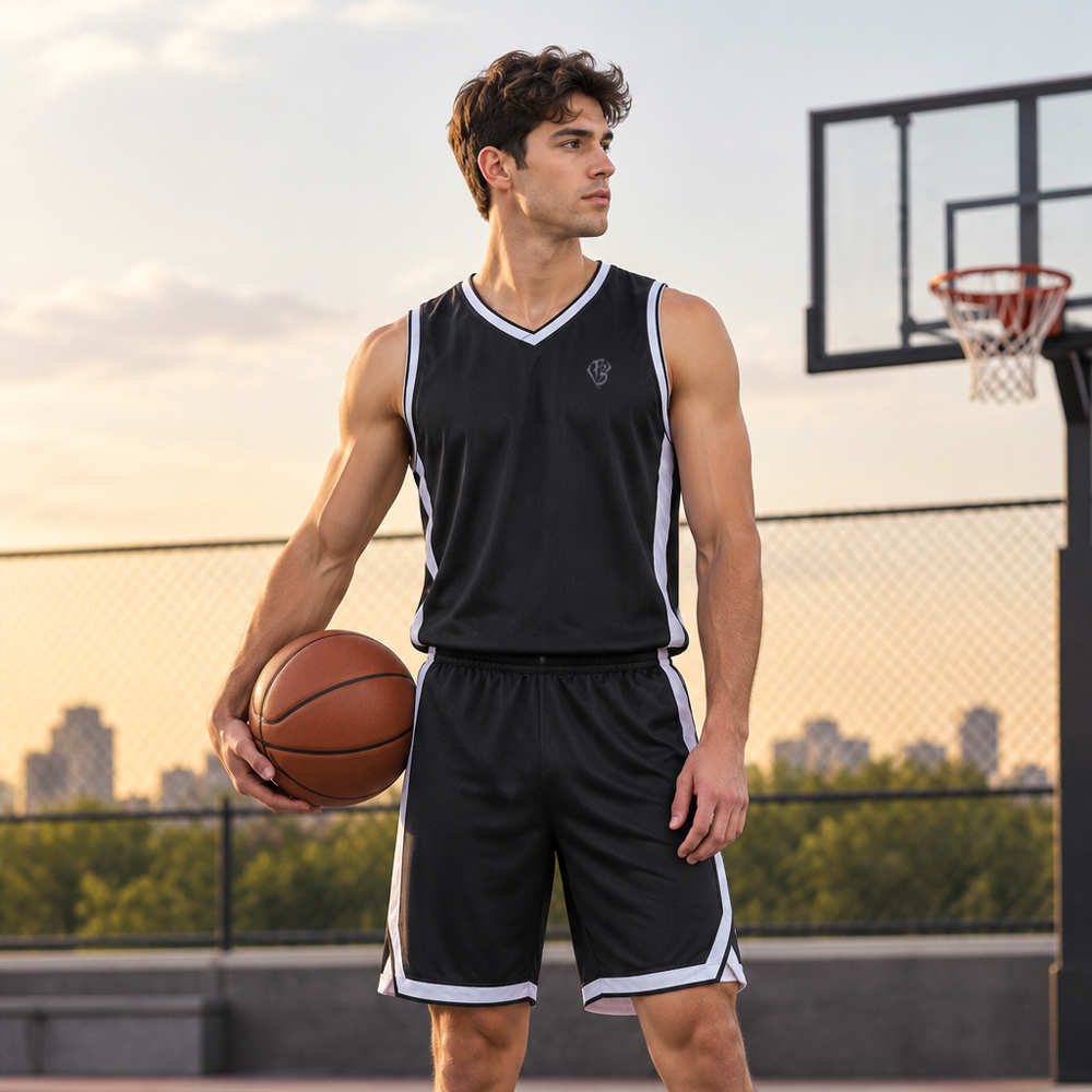 Basketball players wearing custom team jerseys and shorts