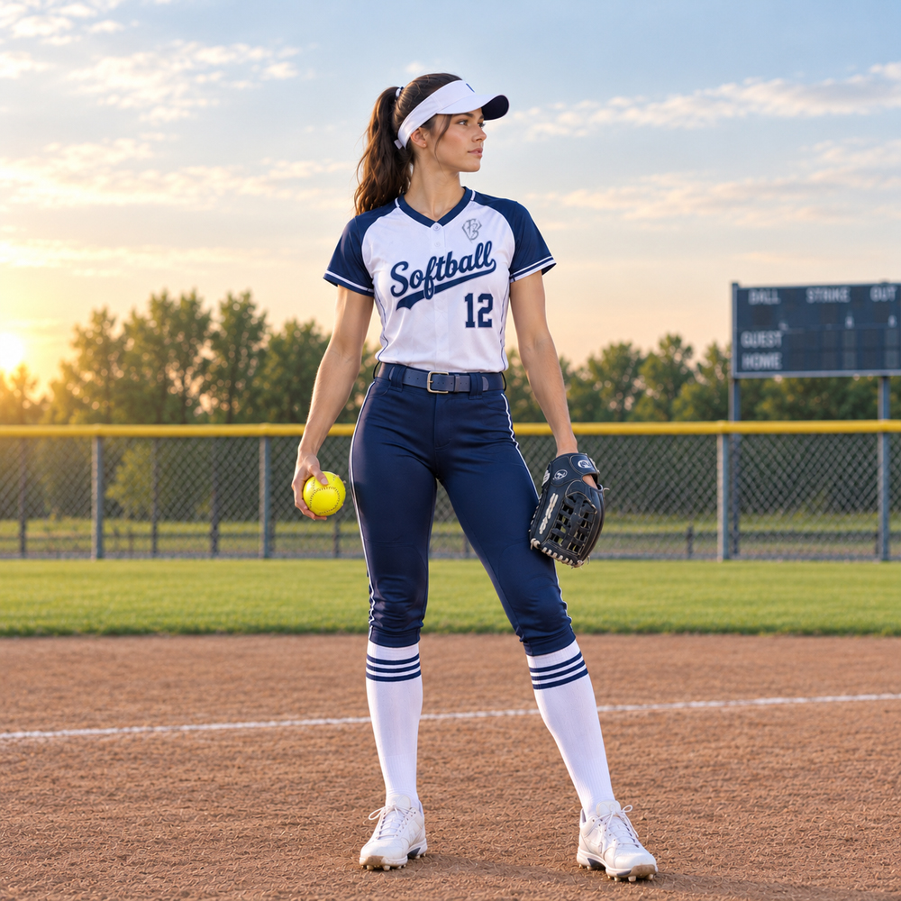 Softball player in a custom team uniform